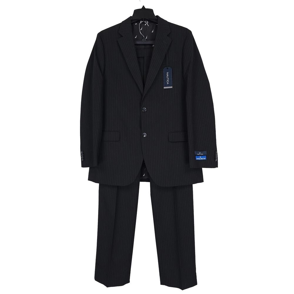 Nautica Mens Modern Fit 2 Piece Suit 36S 32W Black Pinstripe Stretch NWT